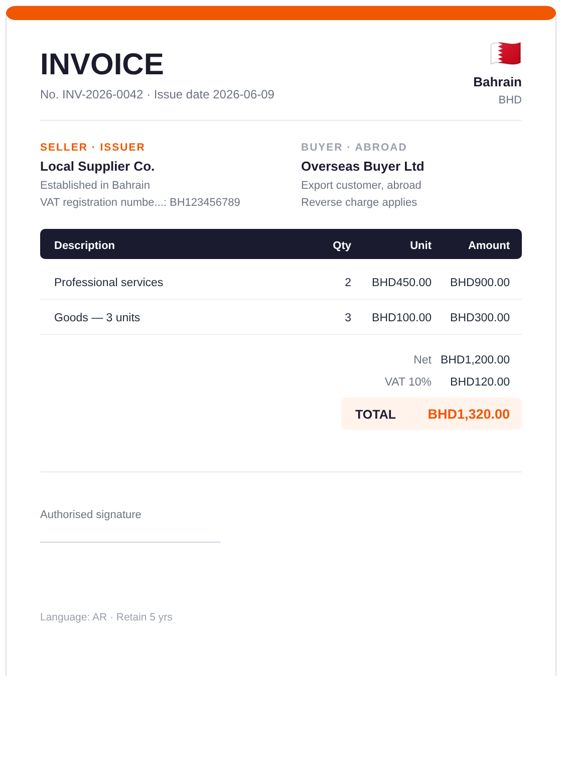 Example: an invoice issued in Bahrain — VAT registration number, VAT 10%