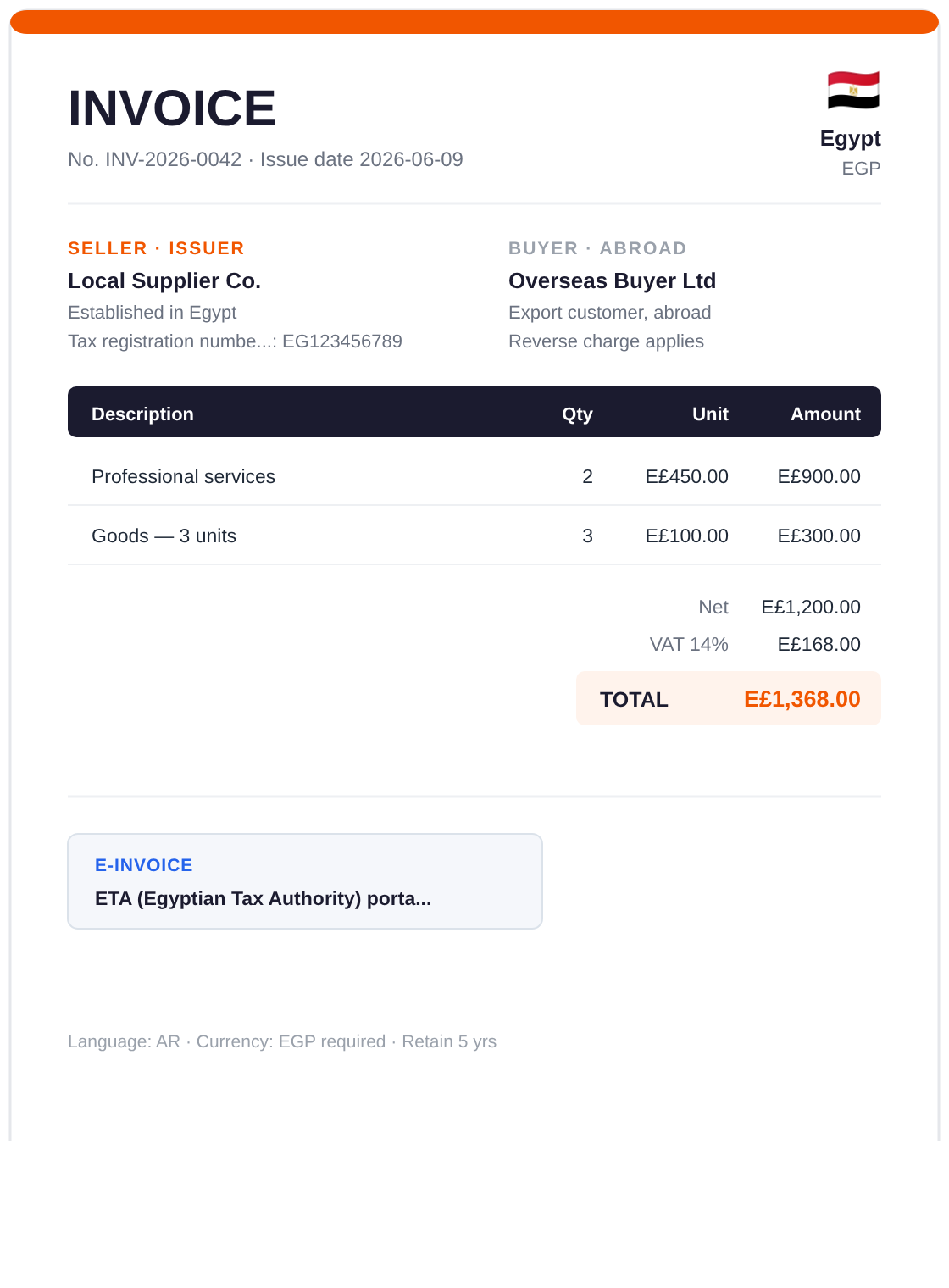 Example: an invoice issued in Egypt — Tax registration number, VAT 14%, ETA signed JSON / XML