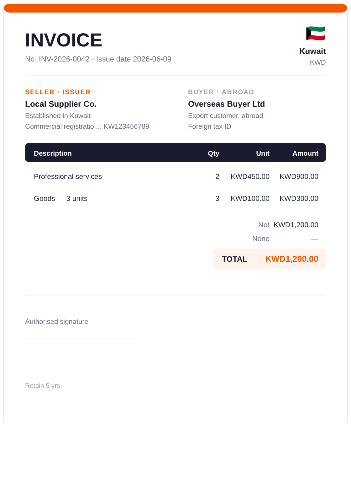 Example: an invoice issued in Kuwait — Commercial registration (CR) number, None