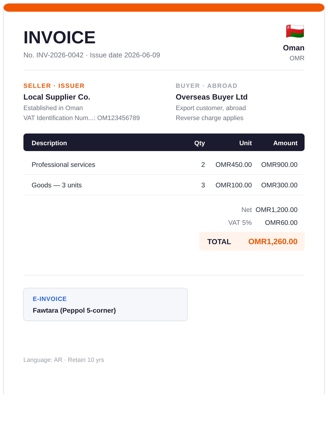 Example: an invoice issued in Oman — VAT Identification Number (VATIN), VAT 5%, Peppol PINT (XML / PDF-A3)