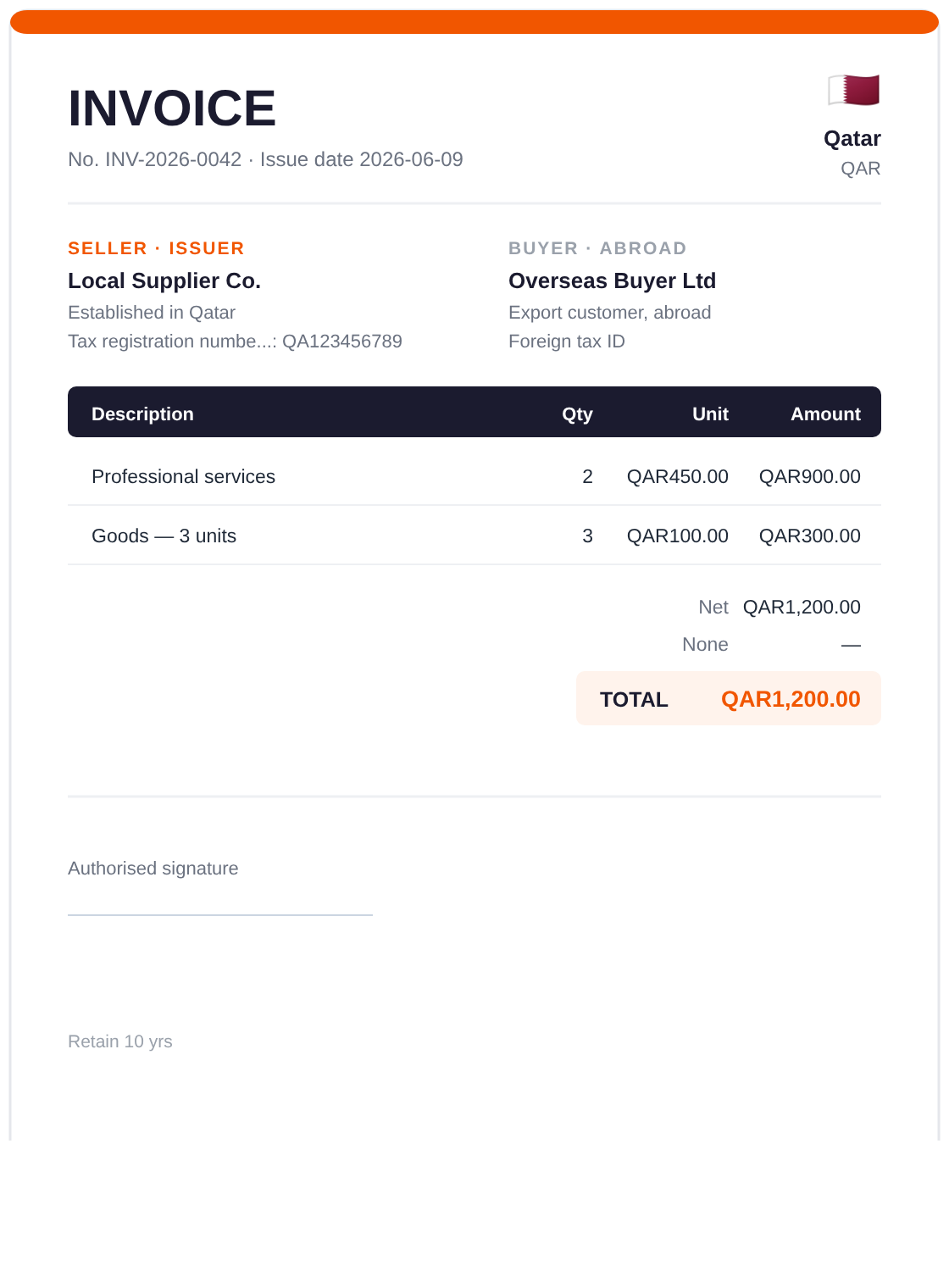 Example: an invoice issued in Qatar — Tax registration number, None