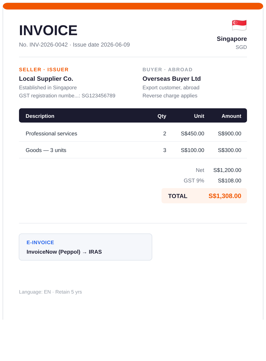 Example: an invoice issued in Singapore — GST registration number, GST 9%, PINT SG (Peppol BIS)