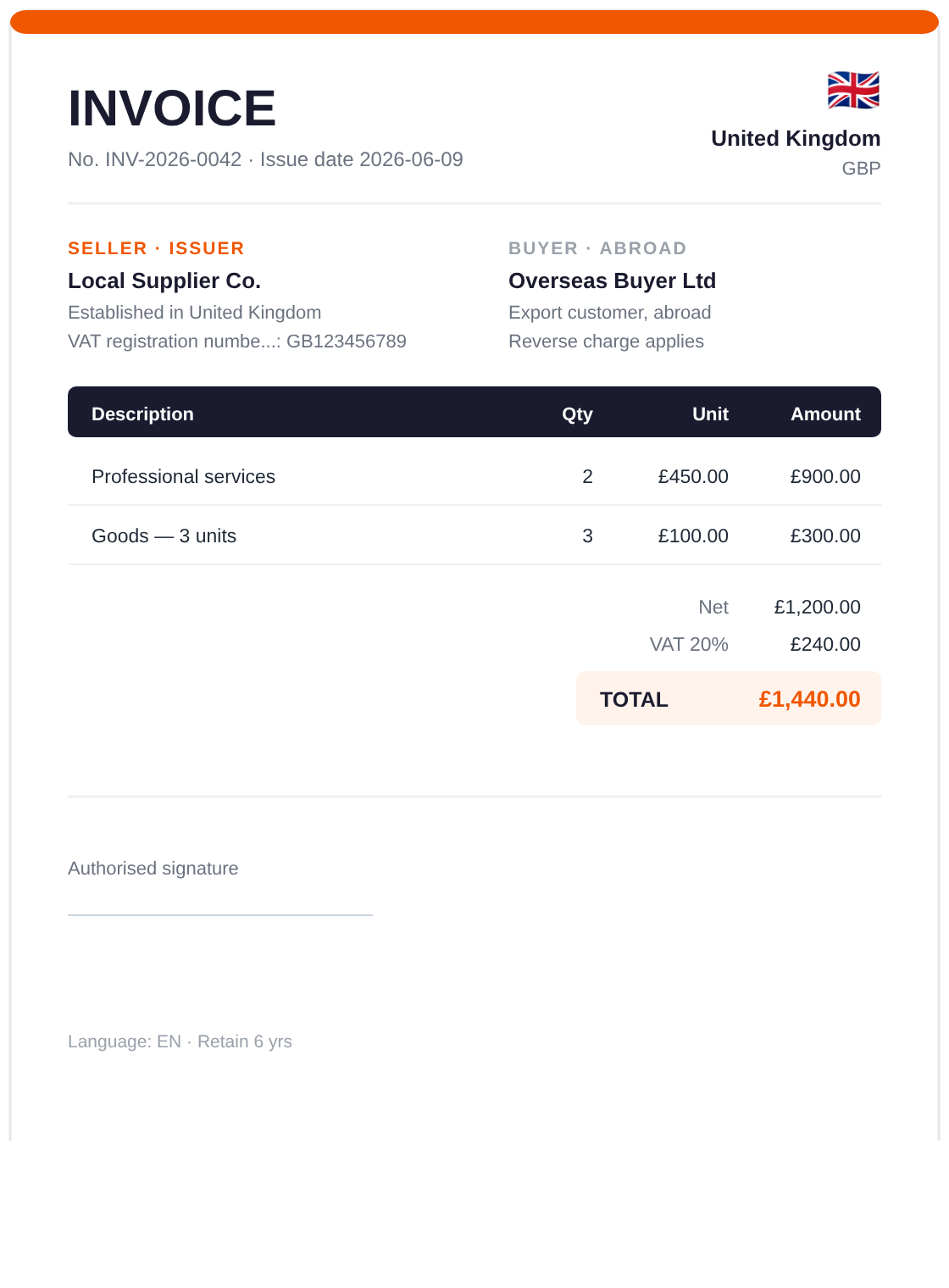 Example: an invoice issued in United Kingdom — VAT registration number, VAT 20%