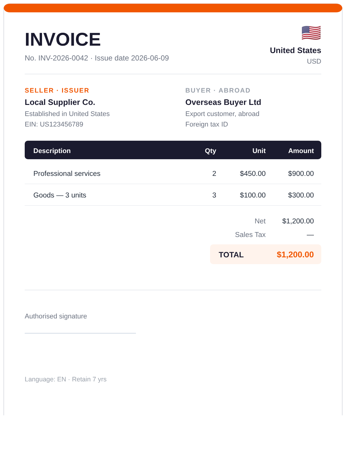 Example: an invoice issued in United States — EIN, Sales Tax